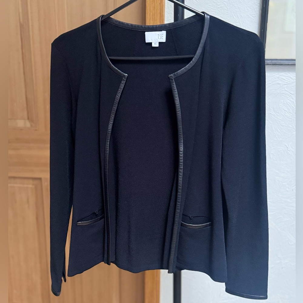 TSE Black Leather Trim Open-Front Blazer Style Sweater